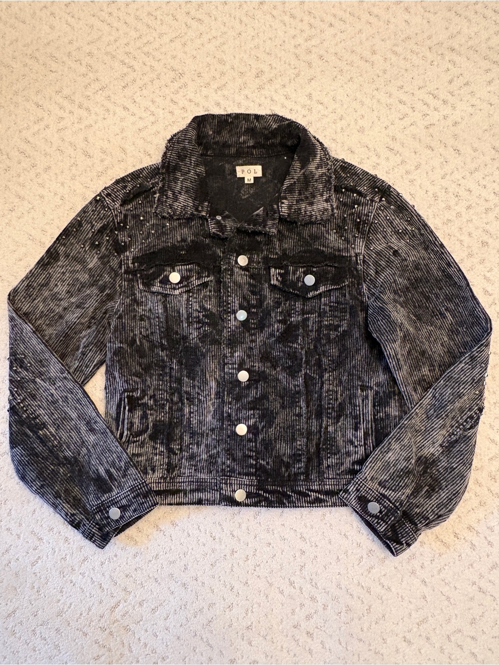 POL Black Corduroy Cropped Jacket Size M Acid Wash Studded Anthropologie Cotton